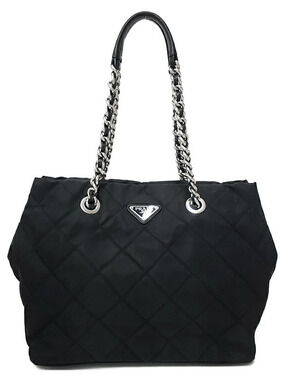 Prada Quilted Chain Tote Bag Blue Black